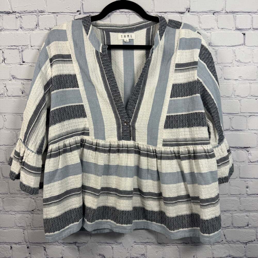 THML Stripe Bell Sleeve Boho Top Blouse Size Large